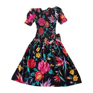 Vtg David Mitchell Dark Floral Prairie Tea Party Quilted Ruched Puff Midi Dress